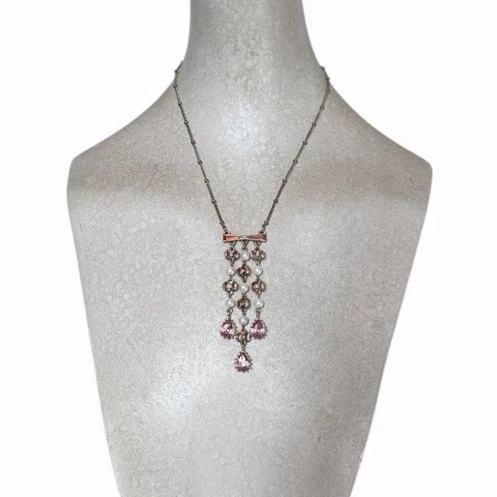 Betsey Johnson Pink Crystal Pearl Drop Necklace Gold Tone Marked Faux Pearl - Picture 3 of 13